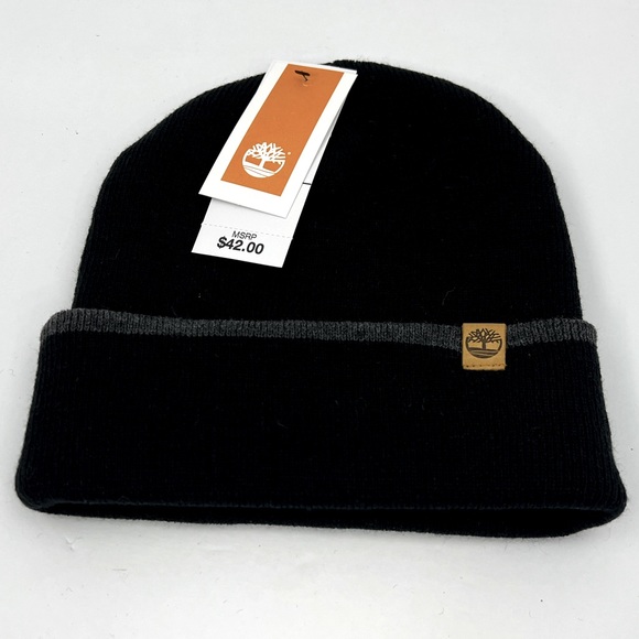 TIMBERLAND BLACK BEANIE, UNISEX, ONE SIZE FITS ALL, BEANIE WITH GREY ON THE CUFF - Picture 5 of 15